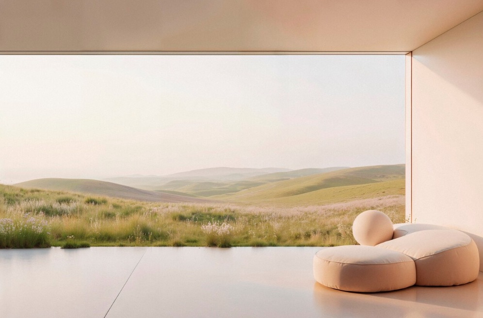 Salone minimalista con luce naturale e tecnologia AI integrata